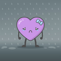 Illustration of cute and kawaii heart mascot character crying in the rain feeling sad. Heartbroken, lovelorn and Valentine's day concept