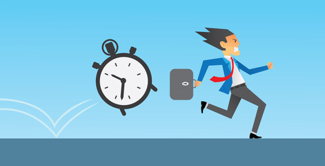 business man running chased by deadline time