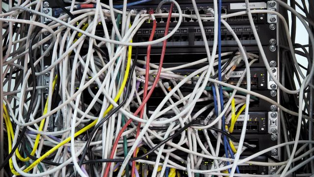 Back Side Of Modern Working Data Center Servers With Cables - Cloud Service And E-Commerce, Upload And Download Server With Cables And Flashing LED Lights 