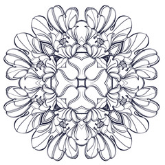 Elegant round element of stylized flowers with smooth lines. Abstract decorative floral pattern.