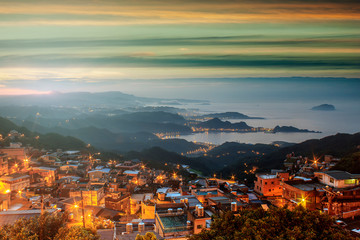Night view of Jiufen, People visit heritage Old Town of Jiufen located in Ruifang District of New Taipei City