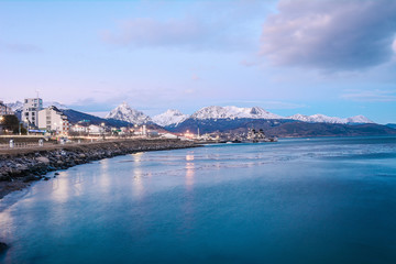 A view of Ushuaia and mountains in winter.
