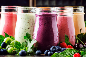 Healthy and useful colorful berry cokctalis, smoothies and milkshakes with yogurt, fresh fruit and berries on brown table, selective focus