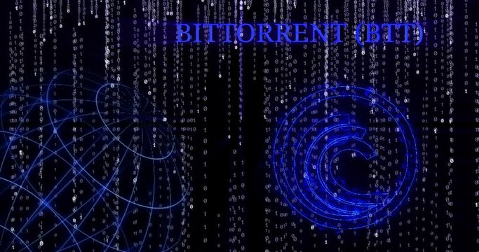 Glowing BitTottent (BTT) symbol against the falling binary code symbols