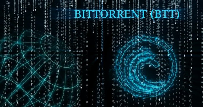 Glowing BitTottent (BTT) symbol against falling binary code symbols