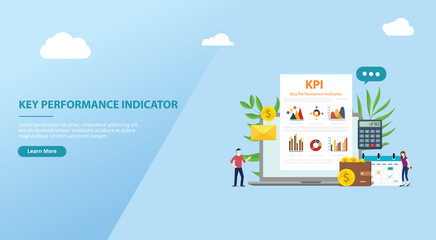kpi key performance indicator concept website banner template with business report graphic and people team - vector