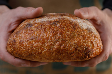 Hands holding craft bread close up. The concept of healthy food and traditional bakery.