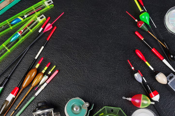 Fishing floats on a black background. Copy space