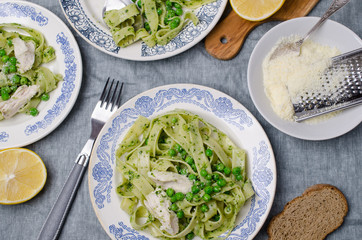 Fettuccine pasta with meat slices