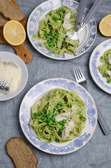 Fettuccine pasta with meat slices