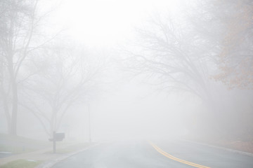 Foggy road with yellow stripe going down street to no where