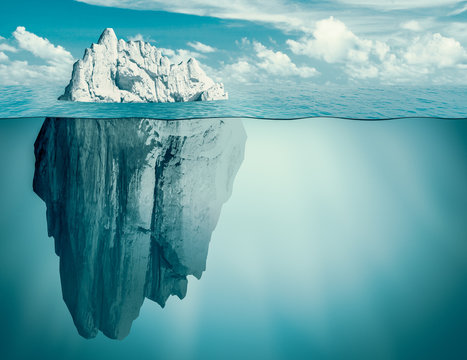 Iceberg In Ocean. Hidden Threat Or Danger Concept. 3d Illustration.