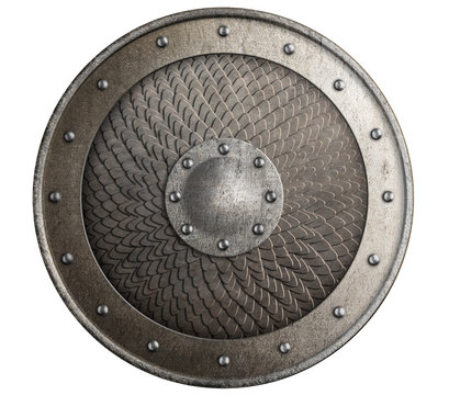 Round rustic metal shield covered by scales isolated 3d illustration