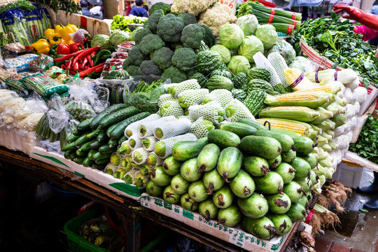Assorted organic green vegetable retailed in street market Hong Kong