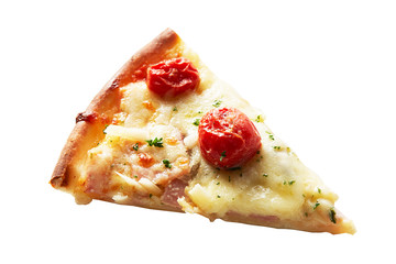 Tomato and ham cheese pizza on white background