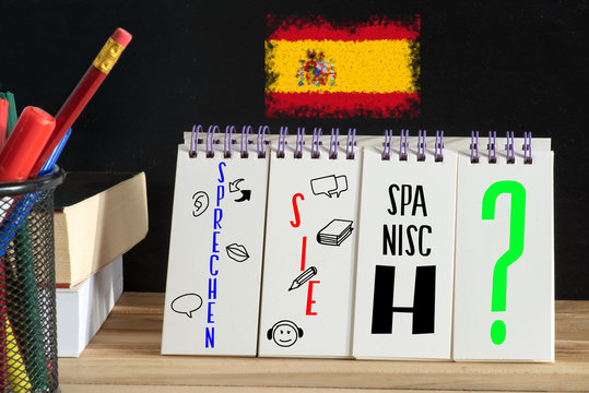 Flagge von Spanien, Spanischkurs und Frage Sprechen Sie spanisch