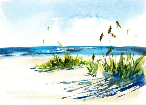 Sunny seascape. Watercolor illustration