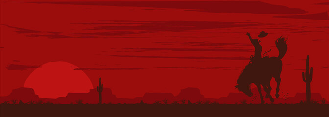 Silhouette of a cowboy riding a wild horse at sunset, vector