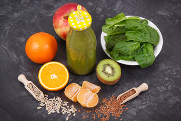 Freshly blended coctail from fruits and vegetables as healthy dessert containing vitamins and...