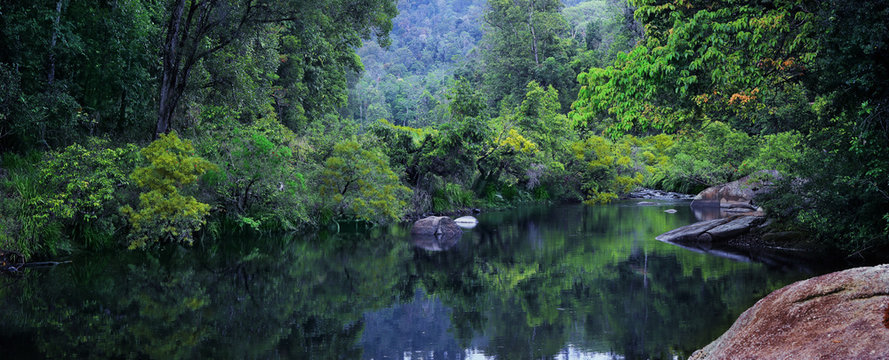  Magnificent river  runs  along  a beautiful tropical rainforest. The South Johnstone River in the Misty Mountains. Wooroonooran National Park, Far North Queensland, Australia. - Image.