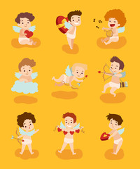 Set of cupid angels characters for valentine day design. Amur with arrows and gifts flying on a cloud, vector illustration