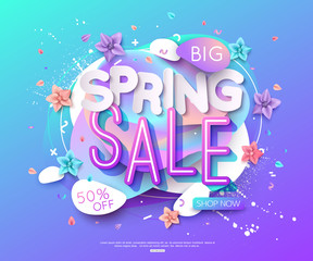 Spring sale banner layout. Abstract shapes. Cut paper style
