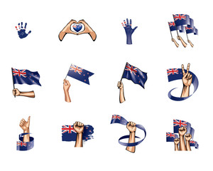 New Zealand flag and hand on white background. Vector illustration