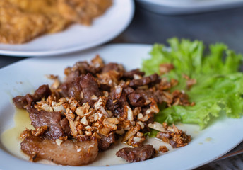Fried Garlic beef meat in Tthai recip, Thai food