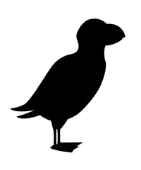 Black silhouette. Flying white bird. Atlantic puffin. Arctic animal, cartoon flat design. Vector illustration isolated on white background