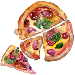 Fast food itallian pizza in a watercolor style set. Aquarelle food illustration for background. Isolated pizza element.