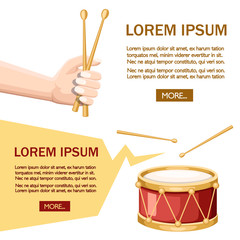 Red drum and wooden drum sticks. Hand hold drumsticks. Musical instrument, drum machine. Flat vector illustration on white background. Place for text, red button. Website and mobile app concept