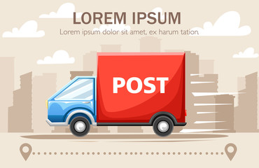 Blue van with red container with POST label. Post car cartoon design. Flat vector illustration with city on landscape. Delivery service concept. Place for text