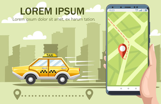 Yellow taxi car. Taxi service concept. Flat vector illustration with city on landscape. Hand holding smartphone with app, map on display, destination way. Green color background