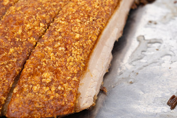 Close up of crispy pork on stainless plate