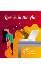 Food Love Concept. Vector illustration of a girl and pizza box. Girl smelling pizza. Foodie Vector. Love is in the air. Valentine's Day Card