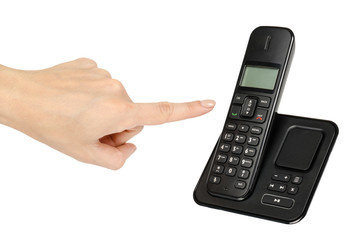 modern landline cordless phone with hand, old technology concept.