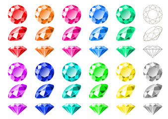 Cartoon-like multicolored round cut diamonds and gemstones, side, front, isometric view