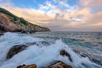 Sunrise on volcanic rock beach, Ninh Thuan province, Vietnam.