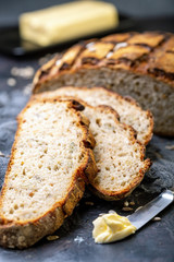 Sliced rustic bread with seeds for breakfast.