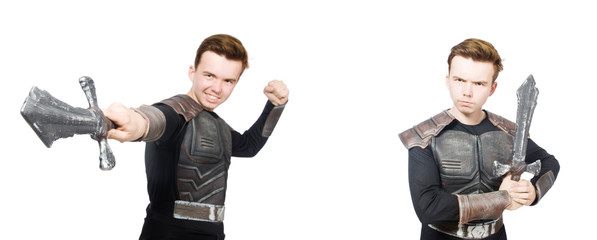 Young funny man in armour suit