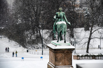 View from the Royal Palace on Statue of King Karl Johan in  Oslo, Norway. 28-01-2019