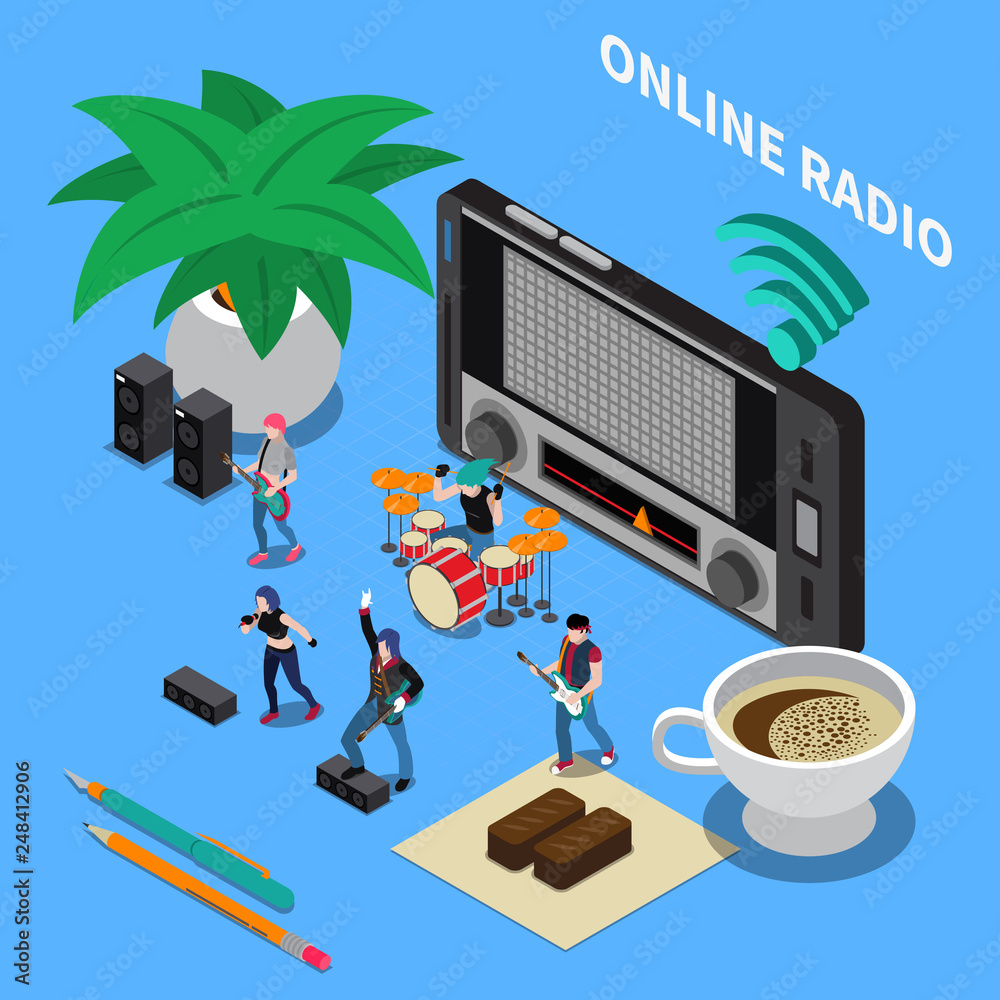 Poster Online Radio Isometric Composition