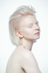 beautiful albino ypung woman on white background - obrazy, fototapety, plakaty