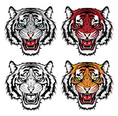 Set of growling tiger heads