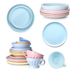 Different ceramic tableware on white background