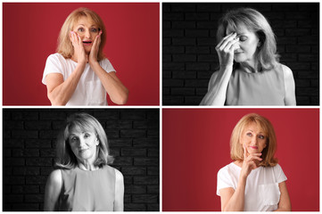 Portrait of shocked mature woman on light background