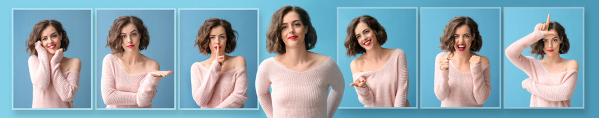 Beautiful woman with different emotions on color background