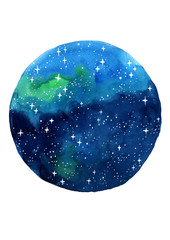 Abstract night sky and star on circle shape watercolor hand painting background.