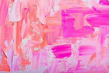 Abstraction art oil paints trendy color Pink  Living Coral  canvas painting grunge color background.