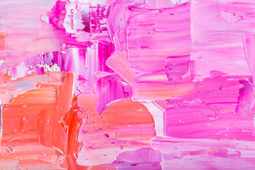 Abstraction art oil paints trendy color Pink  Living Coral  canvas painting grunge color background.